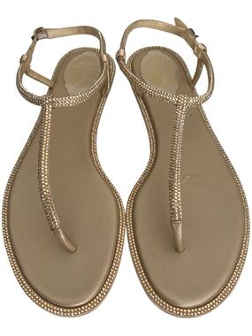 Rene Caovilla Diana Crystal Embellished Flat Thong Sandals Gold/Tan - 38/7.5-8